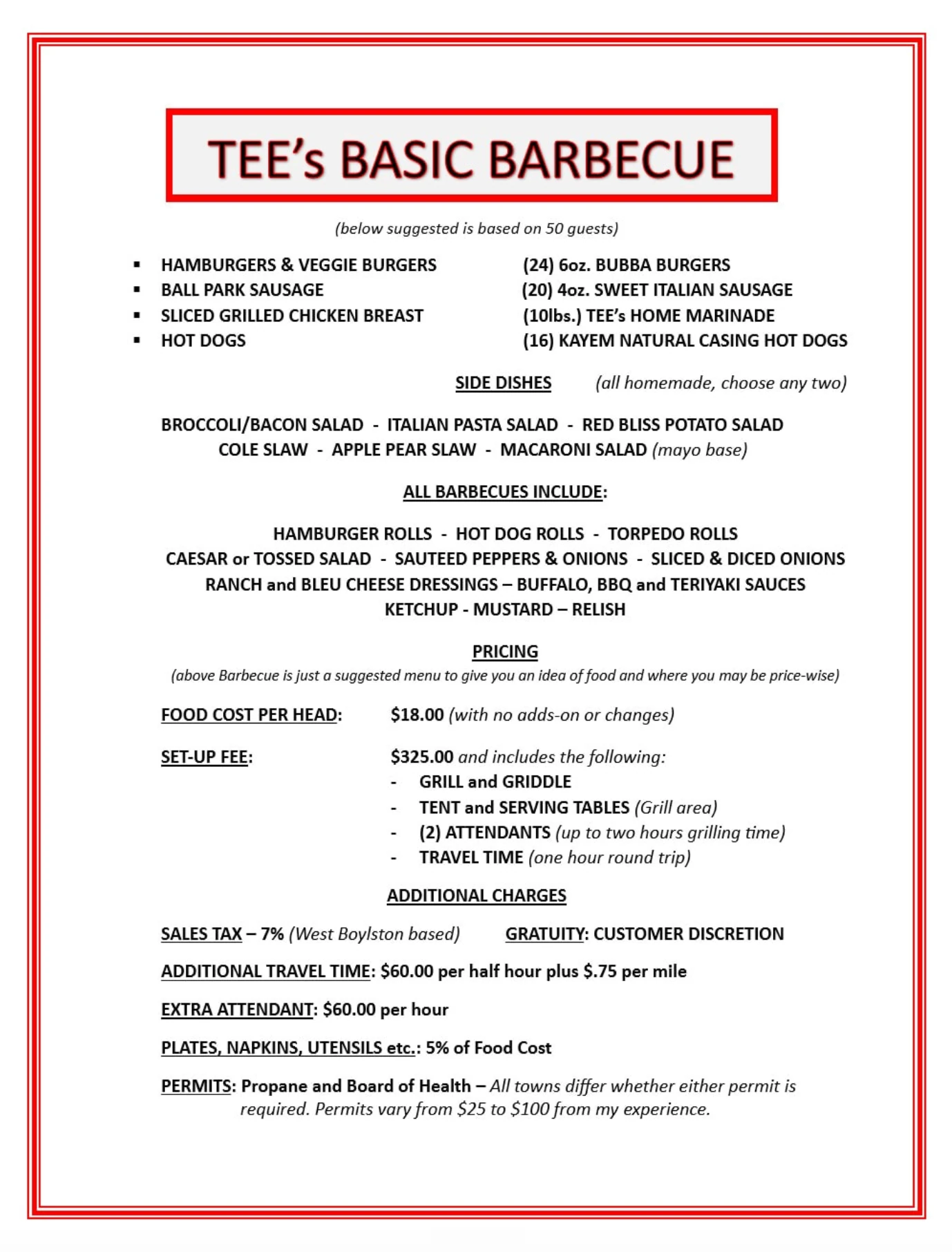 Printed TEE's Basic Barbecue catering menu and pricing sheet.