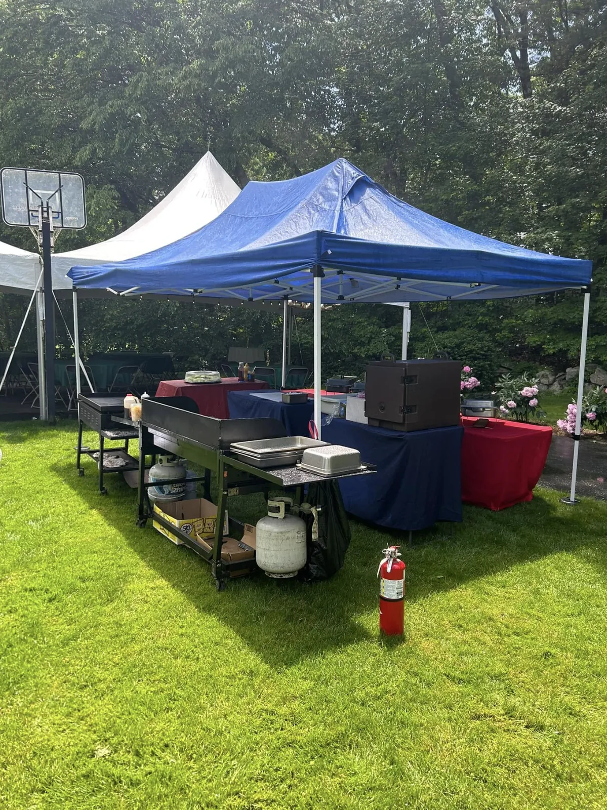 Grill, griddle and tent, set up on the lawn