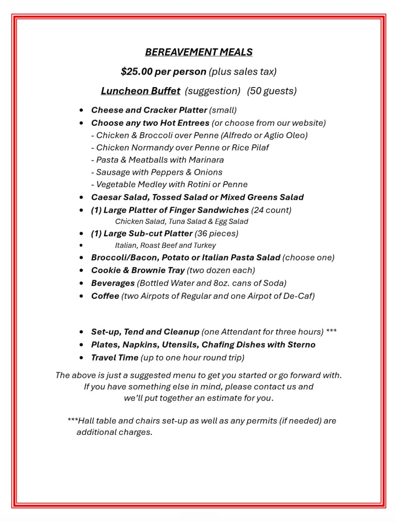 Printed TEE's Deli bereavement meals menu and pricing sheet.