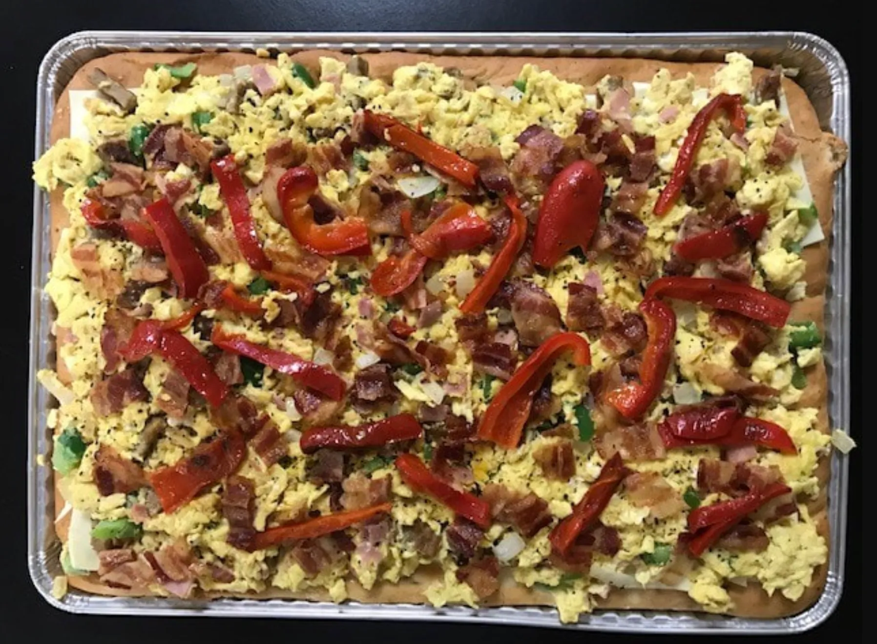 Top-down half-sheet breakfast pizza, House Special