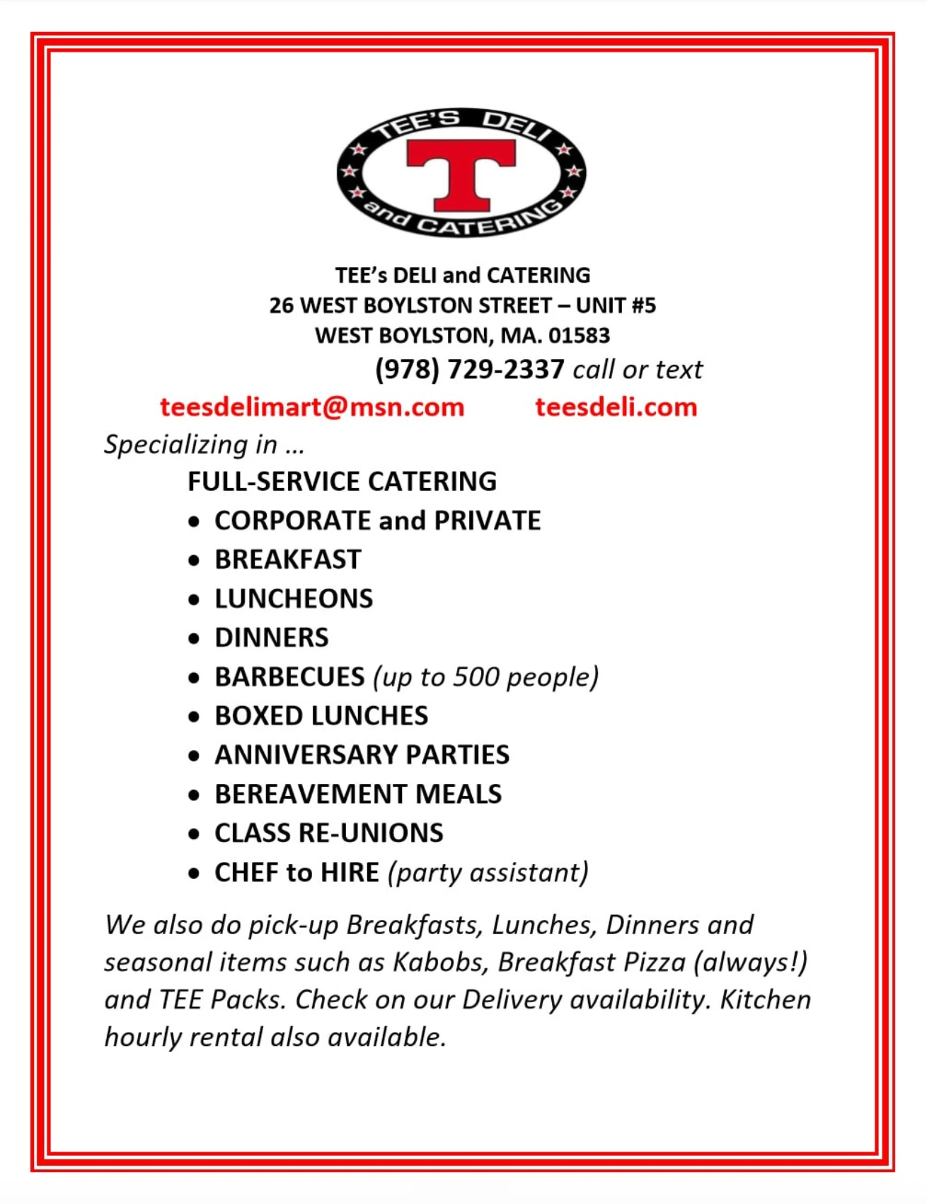 TEE's Deli & Catering — full-service catering for corporate and private events, breakfasts, luncheons, dinners, barbecues (up to 500 people), boxed lunches, anniversary parties, bereavement meals, class reunions, and chef-for-hire; plus pickup and Breakfast Pizza.
